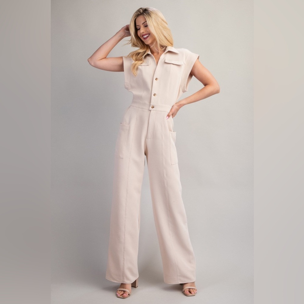 GLAM Beige Utility "Let's Jump" Wide Leg Jumpsuit Sz L